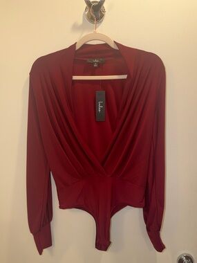 Lulu's Wine Red Surplice Long Sleeve Bodysuit